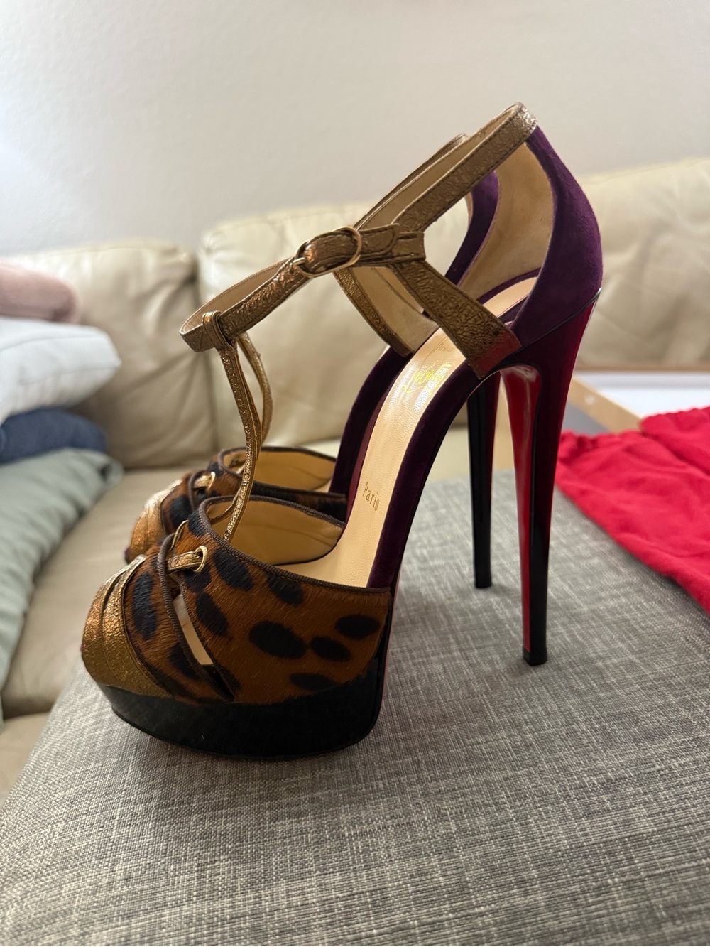Christian Louboutin Gold and Black T-Strap Platform Heels - Picture 5 of 7